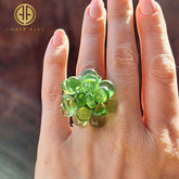 Green Amber Drop Beads Ring 14K Gold Plated